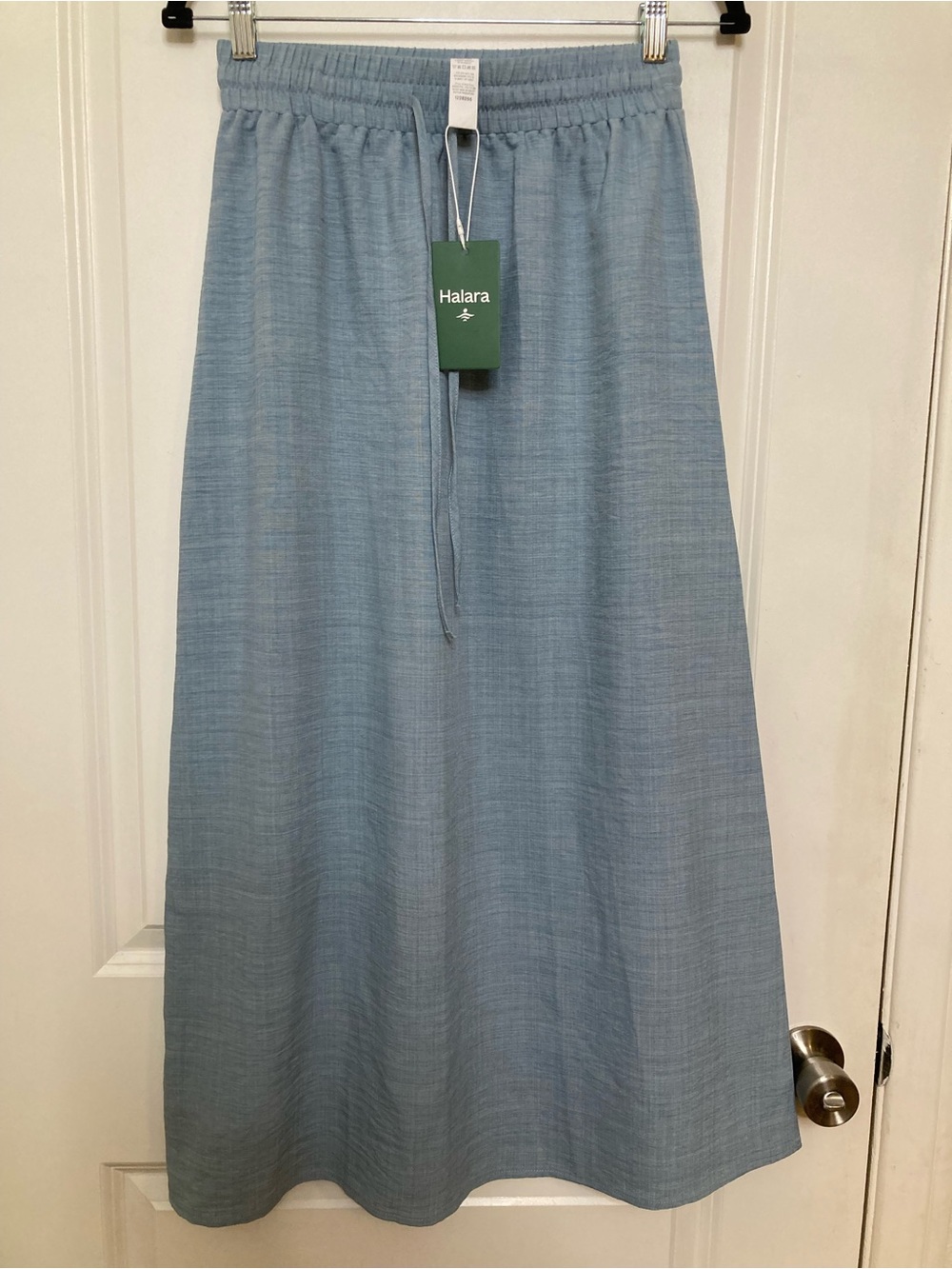Halara High Waisted Drawstring Maxi Linen-Feel Casual Skirt Dusty Cyan Blue S